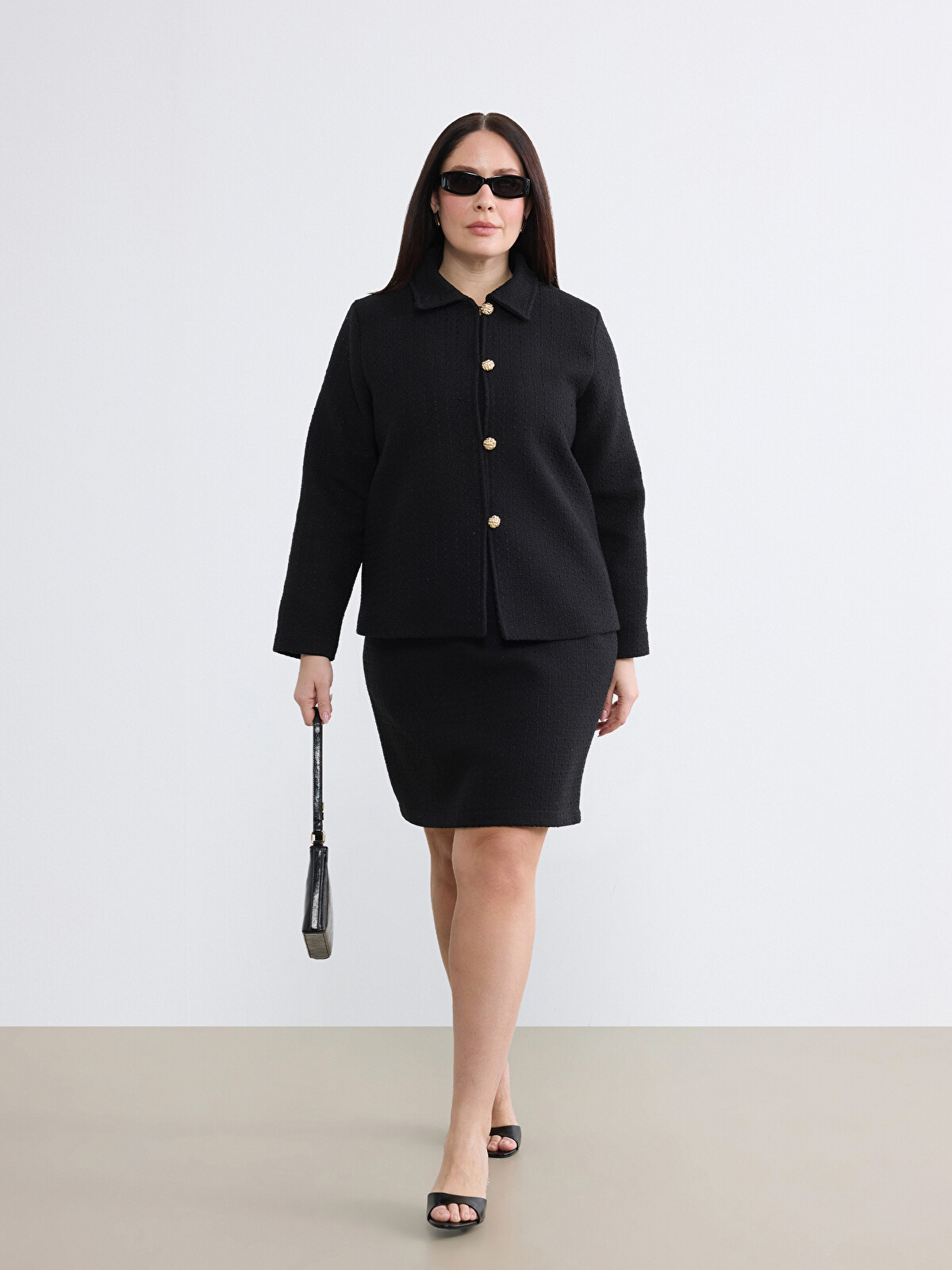 Soulife Plus Size Collared Neck Textured Women's Tweed Jacket