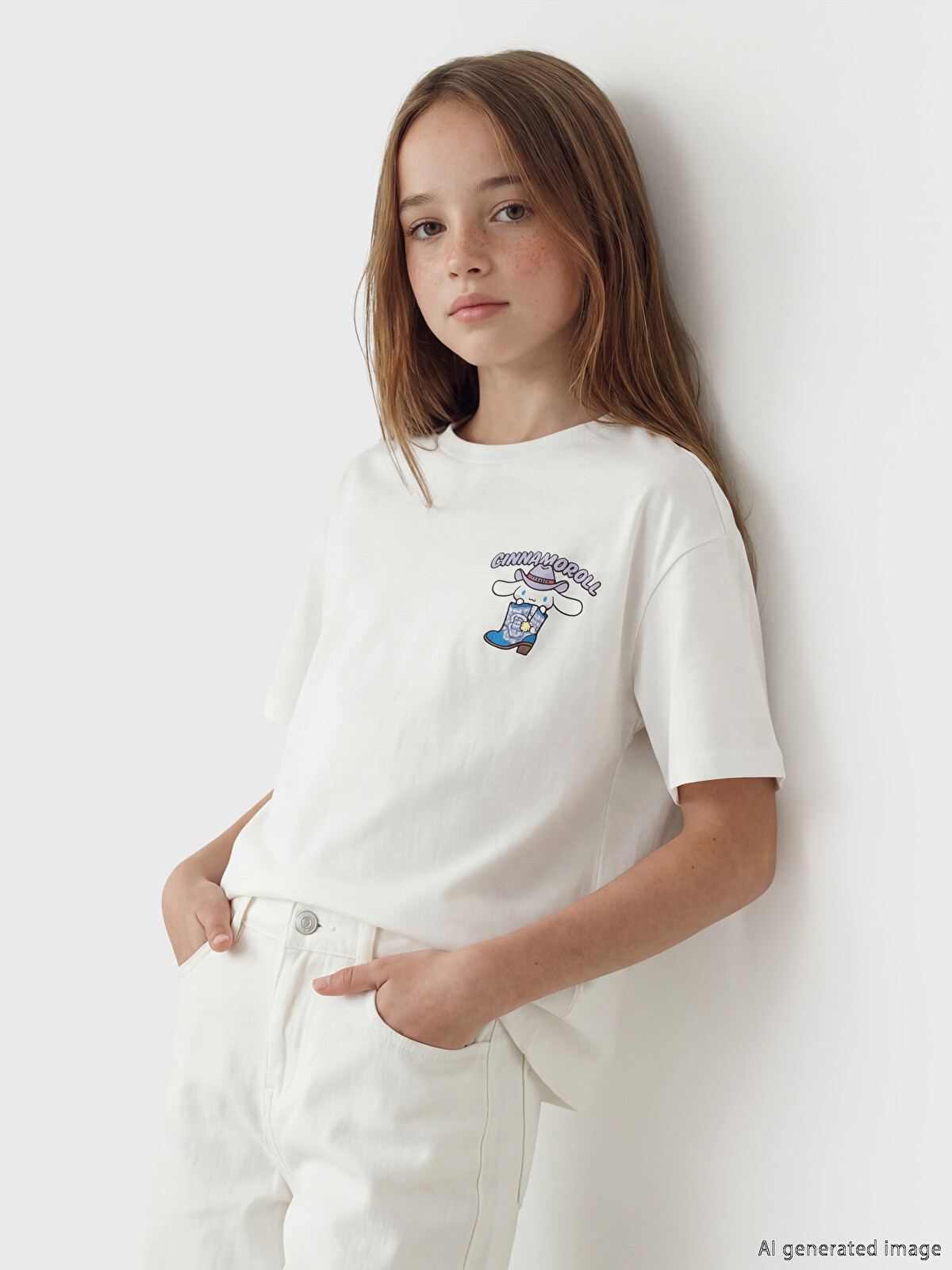 アクセサリー lovestory LCW Kids Beyaz Bisiklet Yaka Cinnamoroll Baskılı Kız Çocuk Tişört