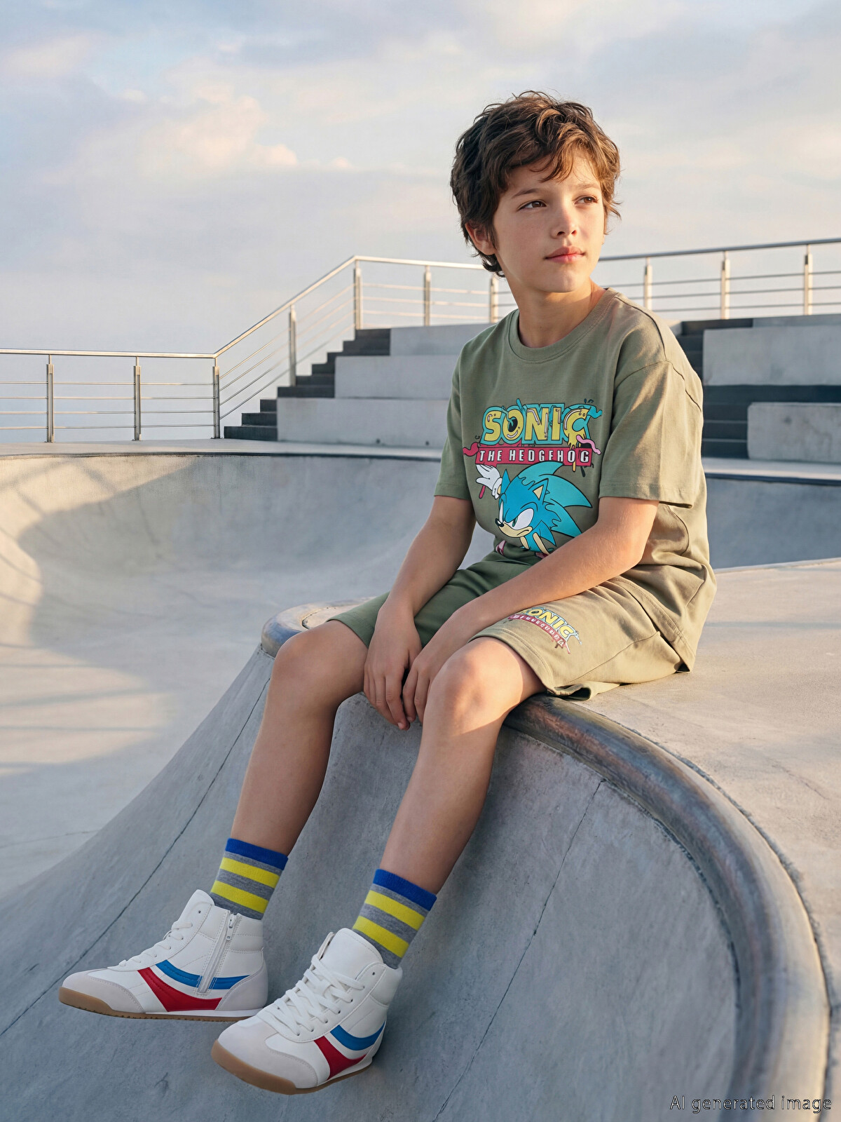 LCW Kids Haki Sonic Baskılı Erkek Çocuk Tişört Ve Şort - S6E011Z4