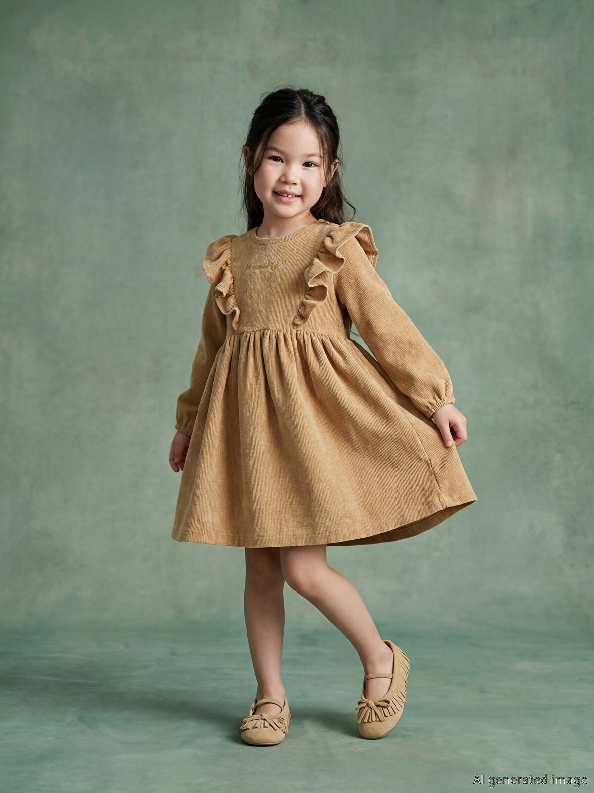 LCW Kids Girls' Frilled Ribbed Velvet Dress - S6A034Z1-38G | LC