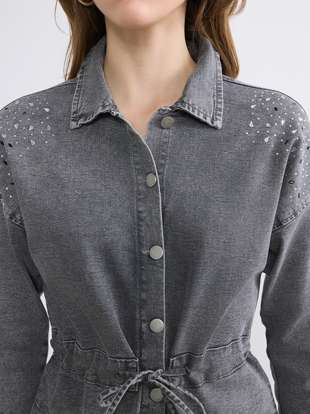 Natuvera Antrasit Denim Taşlı Standart & Regular Kadın Jean Ceket