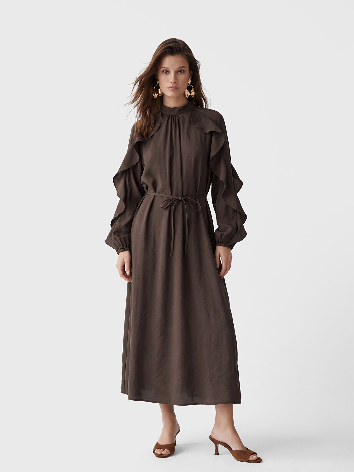 LCW Modest Mock Neck Frilled A-line Dress - S6C100Z8-1KM | LC Waikiki