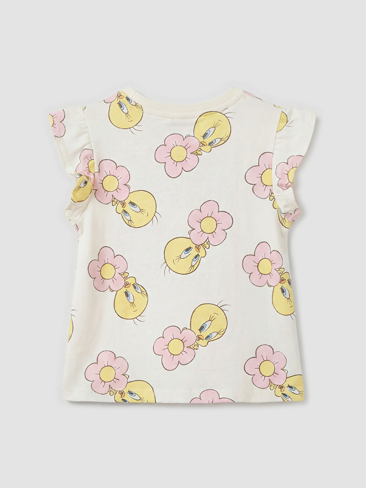 LCW baby Ekru Bisiklet Yaka Tweety Baskılı Kız Bebek Volanlı