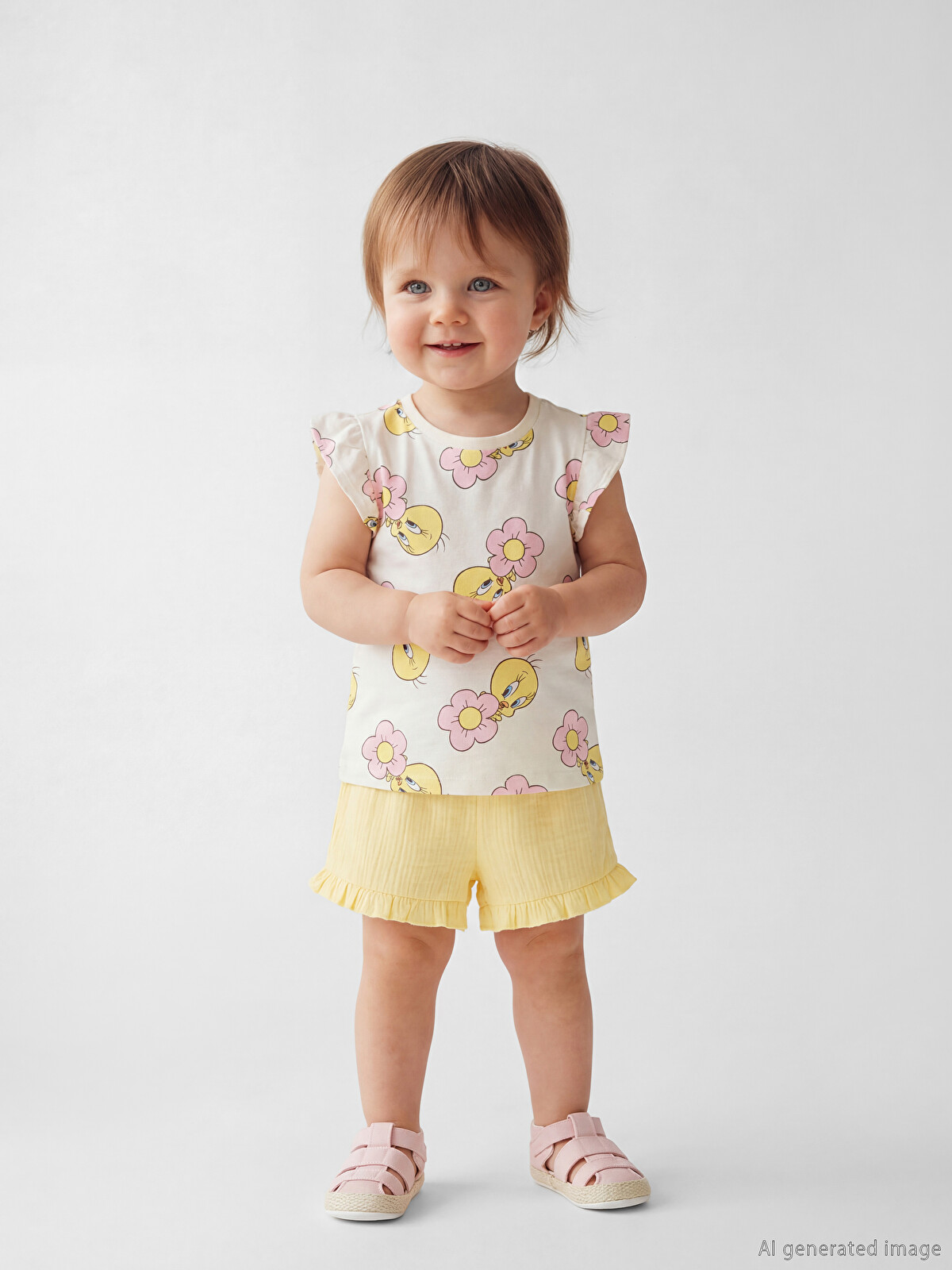LCW baby Ekru Tweety Baskılı Kız Bebek Şort Ve Tişört - S6E116Z1