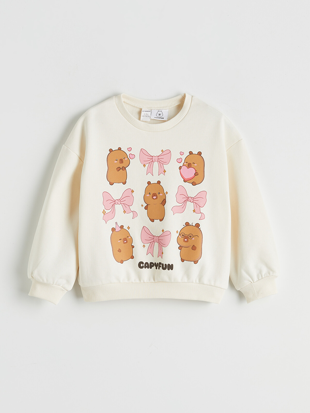 LCW Kids Ekru Bisiklet Yaka Capyfun Baskılı Kız Çocuk Sweatshirt