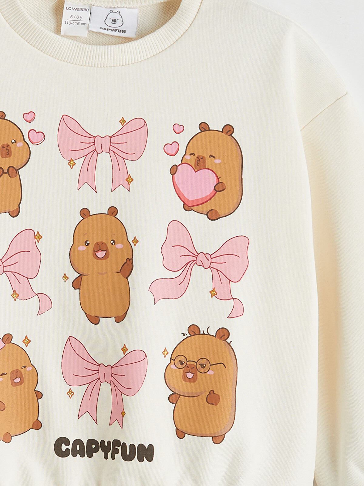 LCW Kids Ekru Bisiklet Yaka Capyfun Baskılı Kız Çocuk Sweatshirt