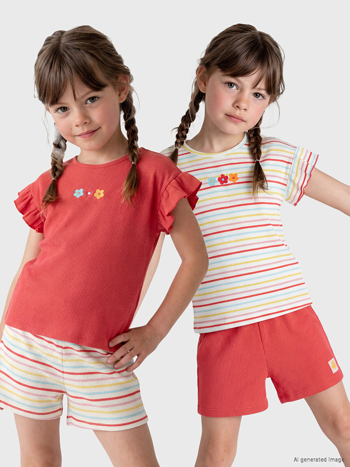 LCW Kids Bisiklet Yaka Nakışlı Kız Çocuk Tişört 2'li - S6A183Z1