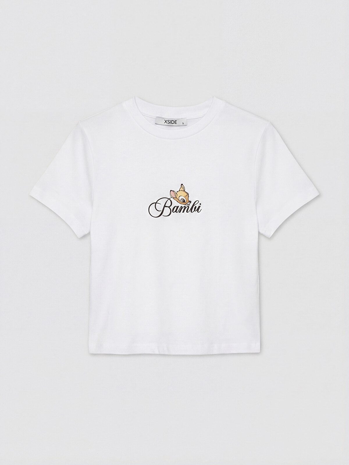 XSIDE Beyaz Bisiklet Yaka Bambi Baskılı Kadın Crop - S6D190Z8-Q6K