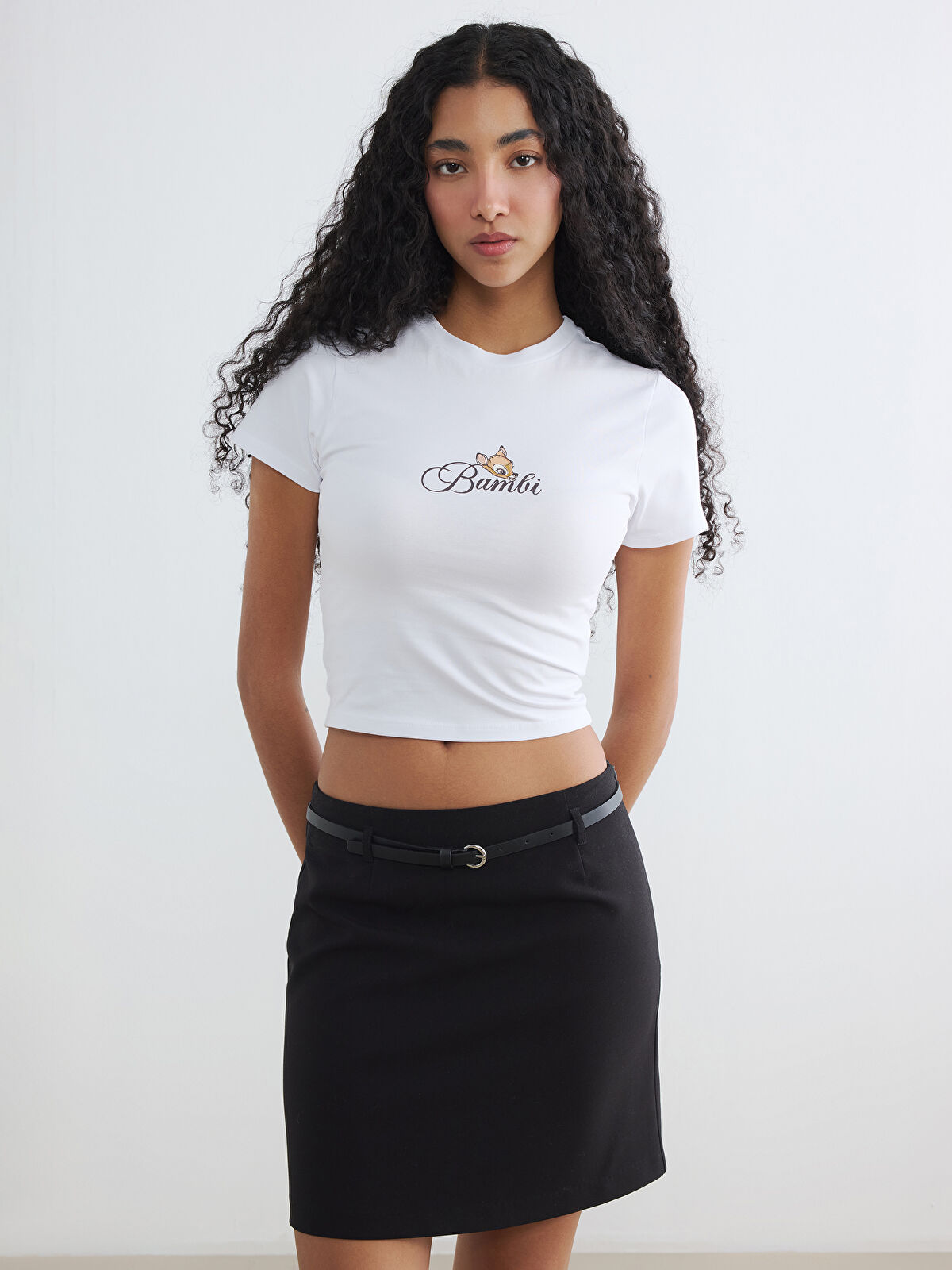 XSIDE Bisiklet Yaka Bambi Baskılı Kadın Crop