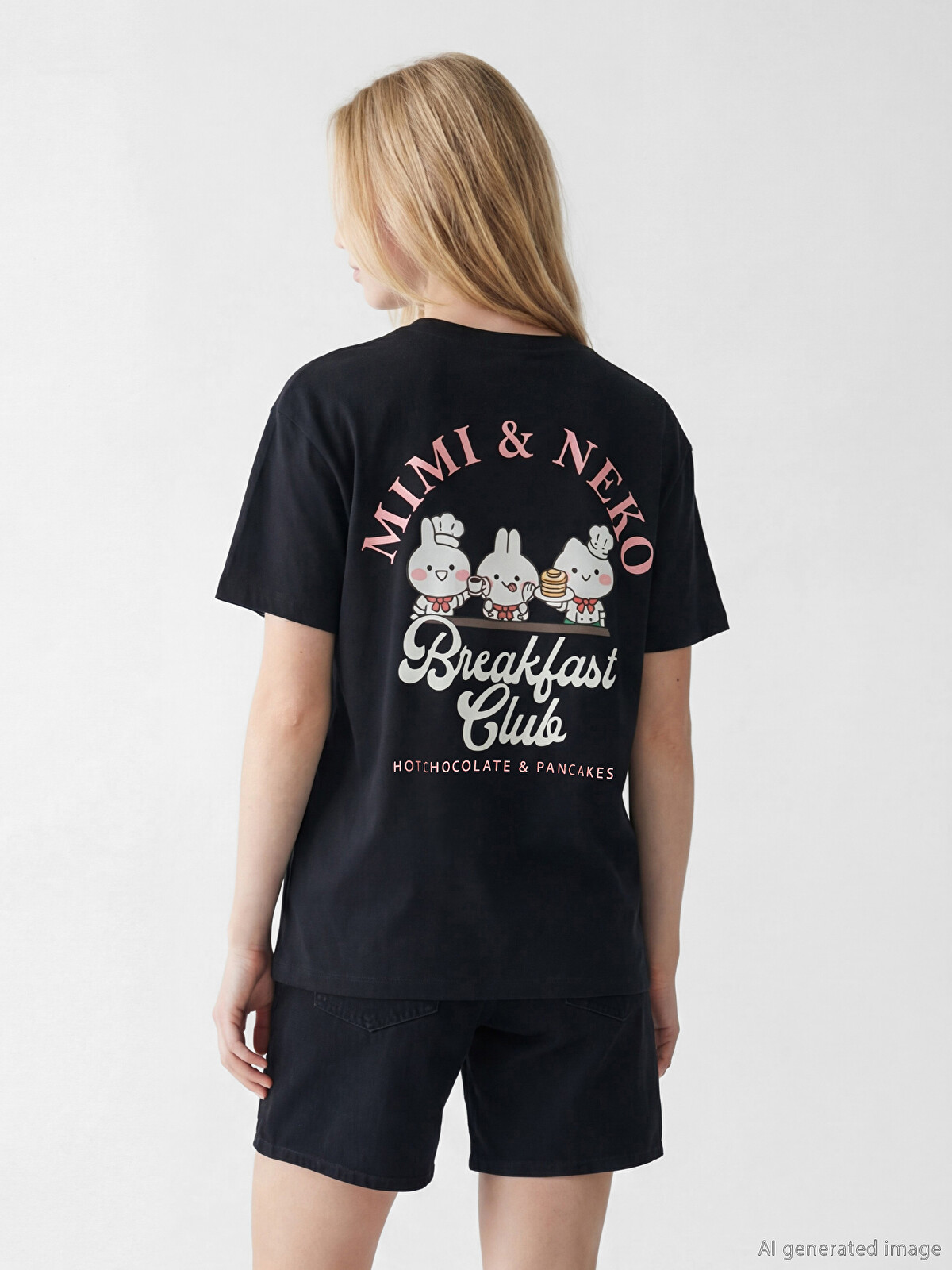 みぃ XSIDE Siyah Bisiklet Yaka MimisNeko Baskılı Kadın Tişört