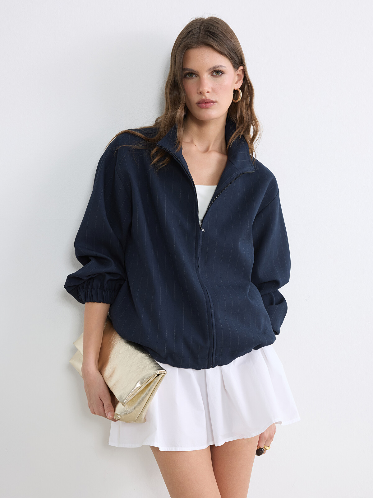 LCW EVERYDAY Lacivert Dik Yaka Çizgili Oversize Kadın Ceket