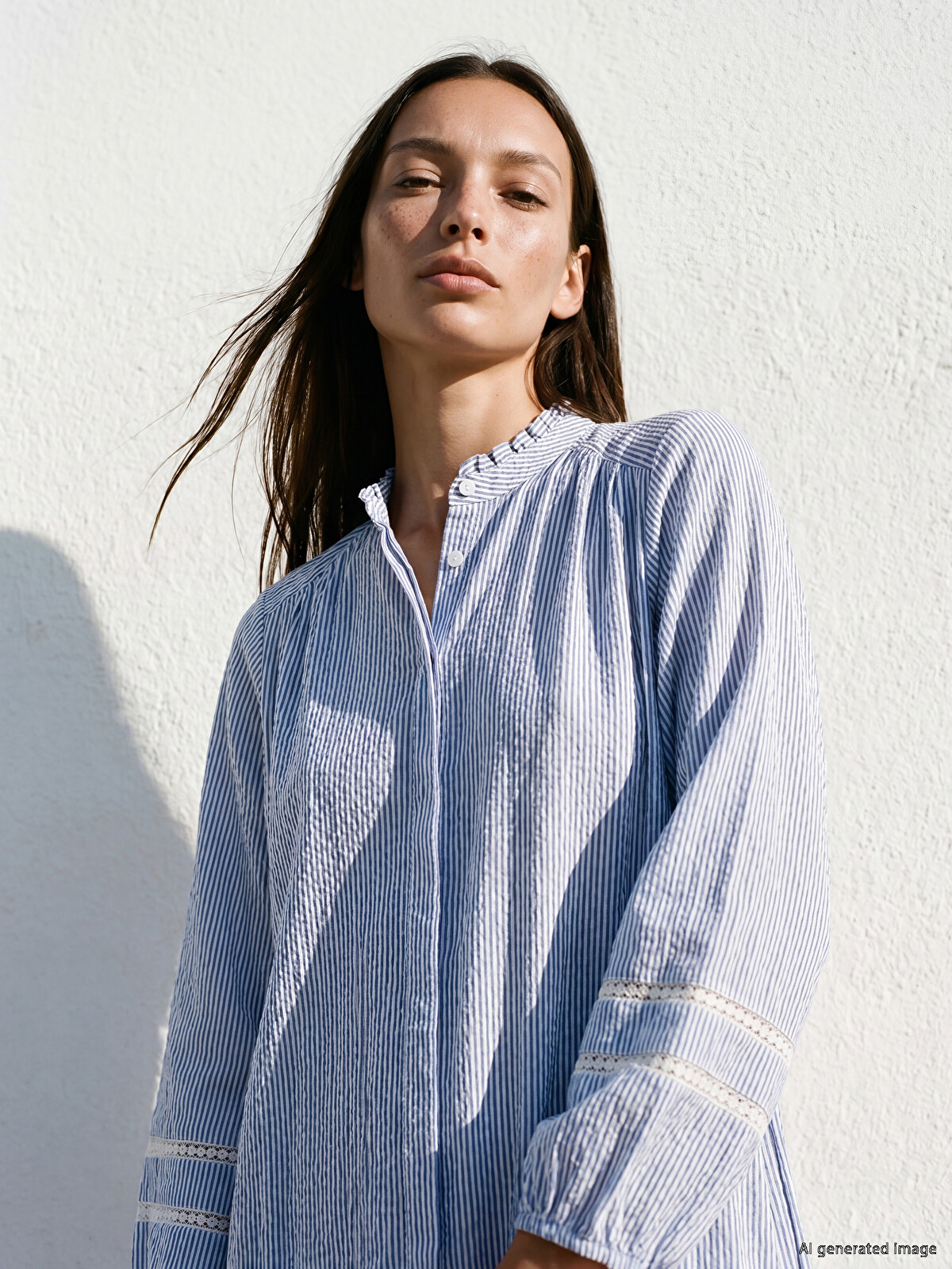 LCW STUDIO Grandad Collar Striped Seersucker Shirt Dress