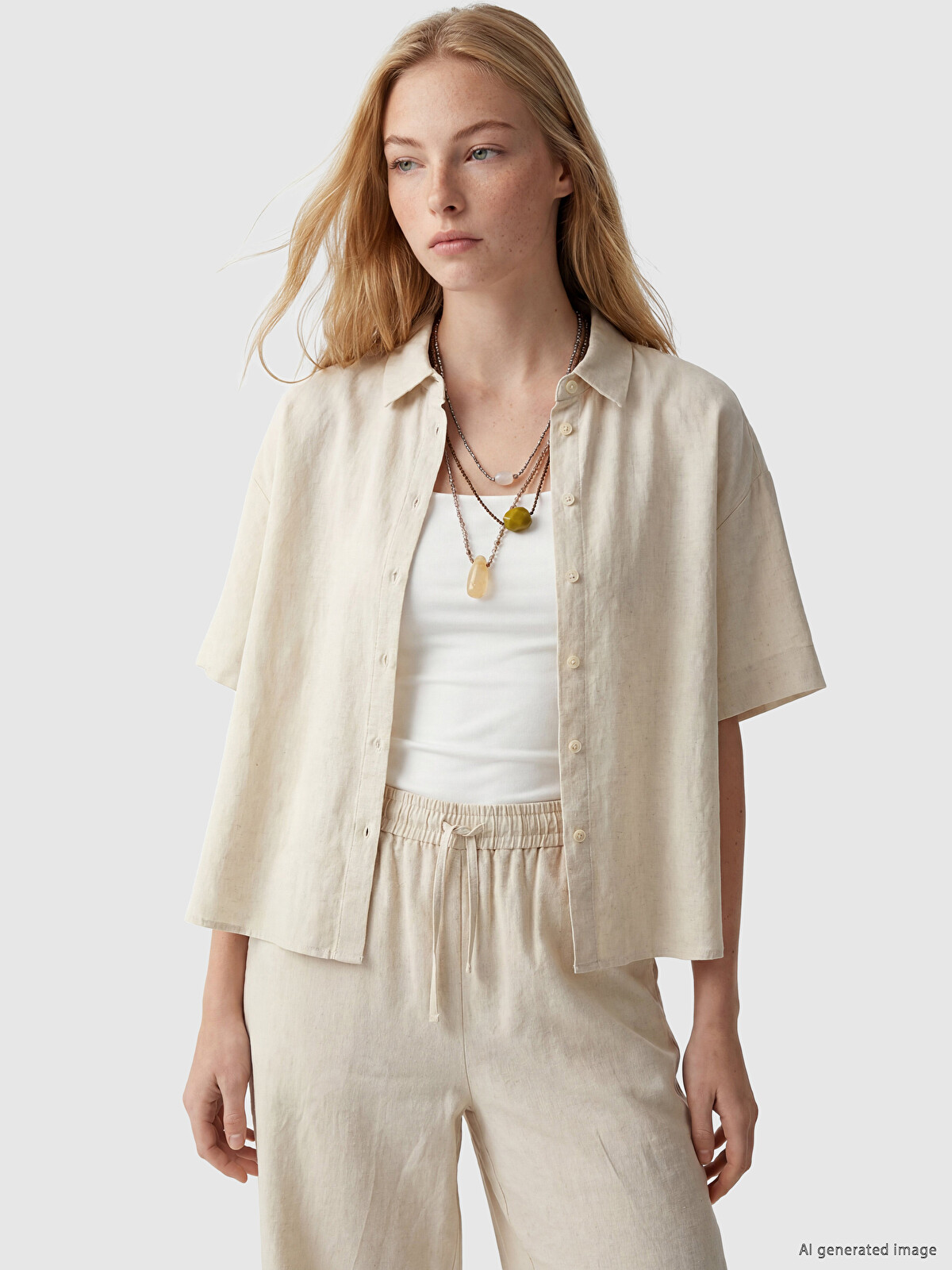 vei-8 シャツ XSIDE Oversize Linen Blend Women's Shirt - S6B474Z8-L8Q | LC Waikiki