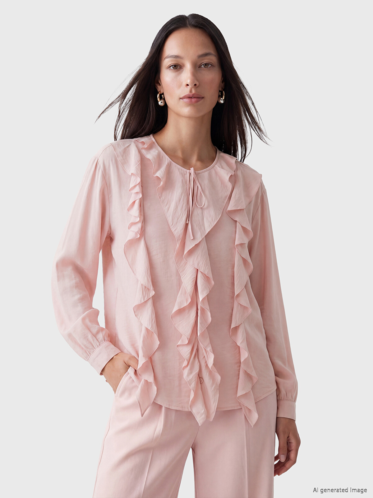 LCW Modest Crew Neck Frilled Blouse - S6E580Z8-1H3 | LC Waikiki