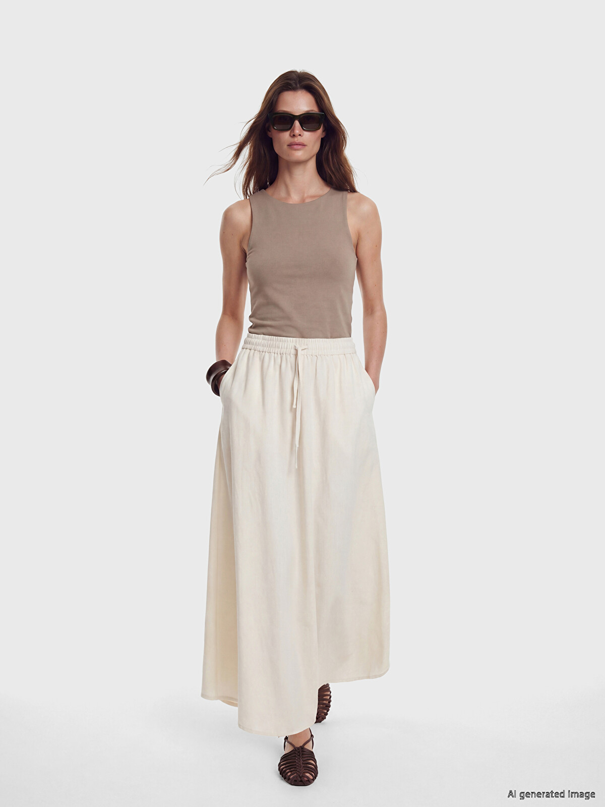 LCW Modest Elastic Waist Linen Blend Flared Skirt - S6C675Z8-4A4