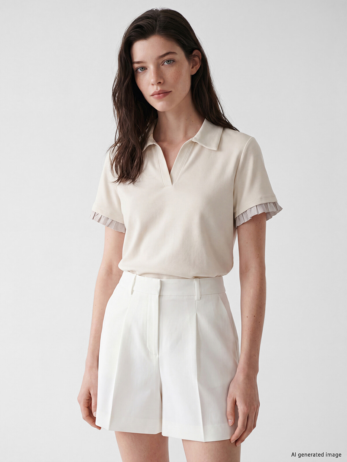 LCW Comfort Bej Polo Yaka Fırfırlı Soft Touch Kadın Tişört