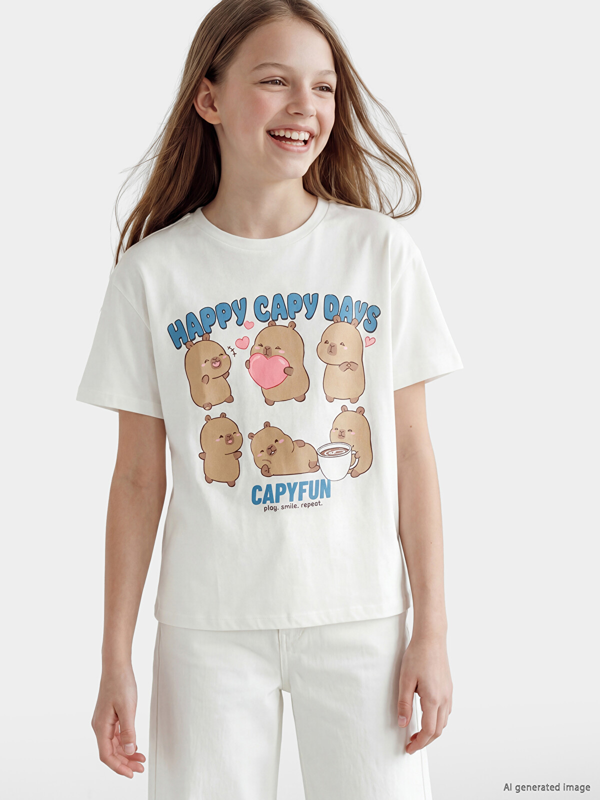 LCW Kids Bisiklet Yaka Capyfun Baskılı Kız Çocuk Tişört - S6E684Z4