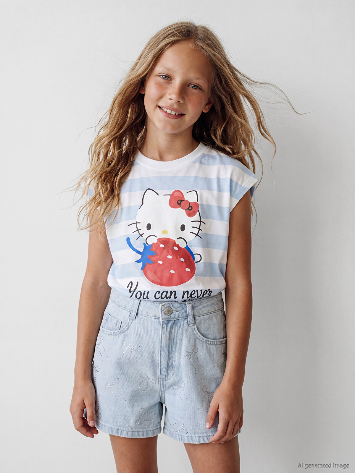 LCW Kids Mavi Bisiklet Yaka Hello Kitty Baskılı Kız Çocuk Tişört