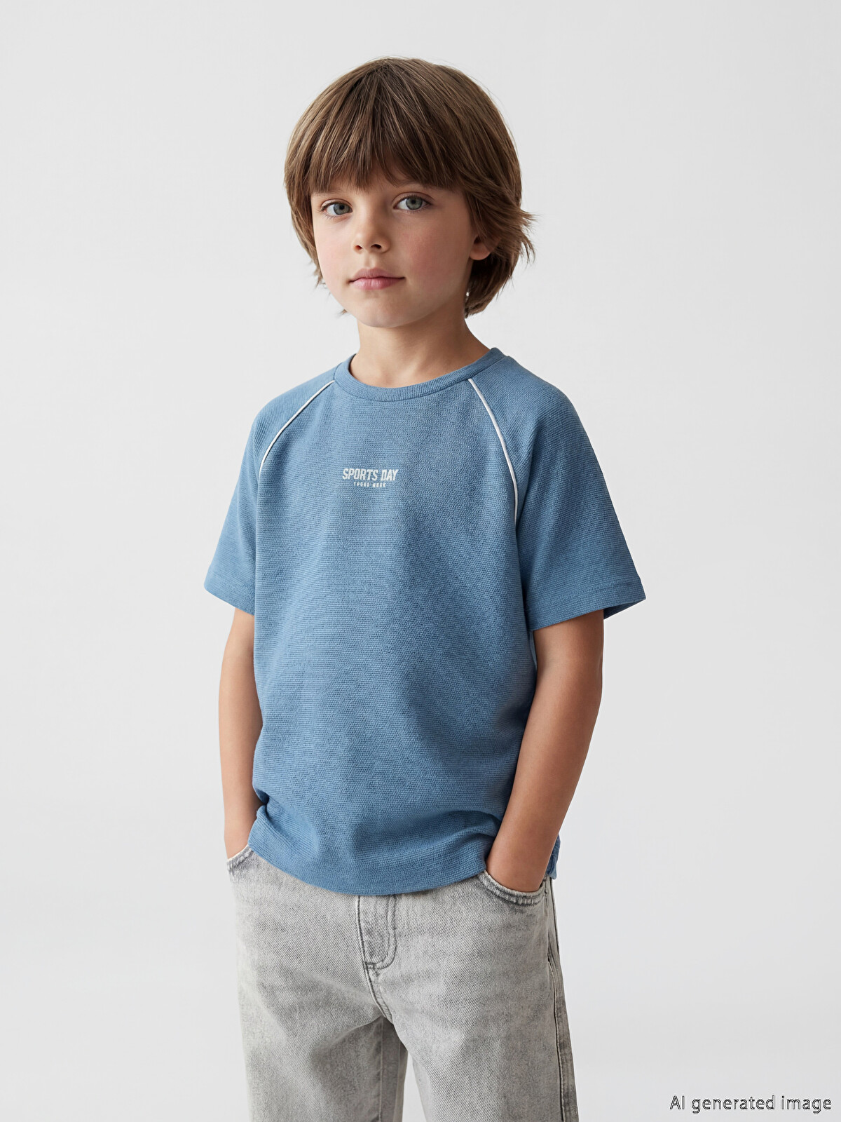 LCW Kids Mavi Bisiklet Yaka Baskılı Erkek Çocuk Tişört - S6F758Z1