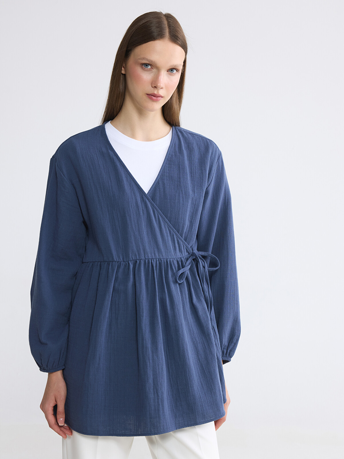 LCW Modest Lacivert Kruvaze Yaka Dokulu Kadın Kimono - S6E783Z8