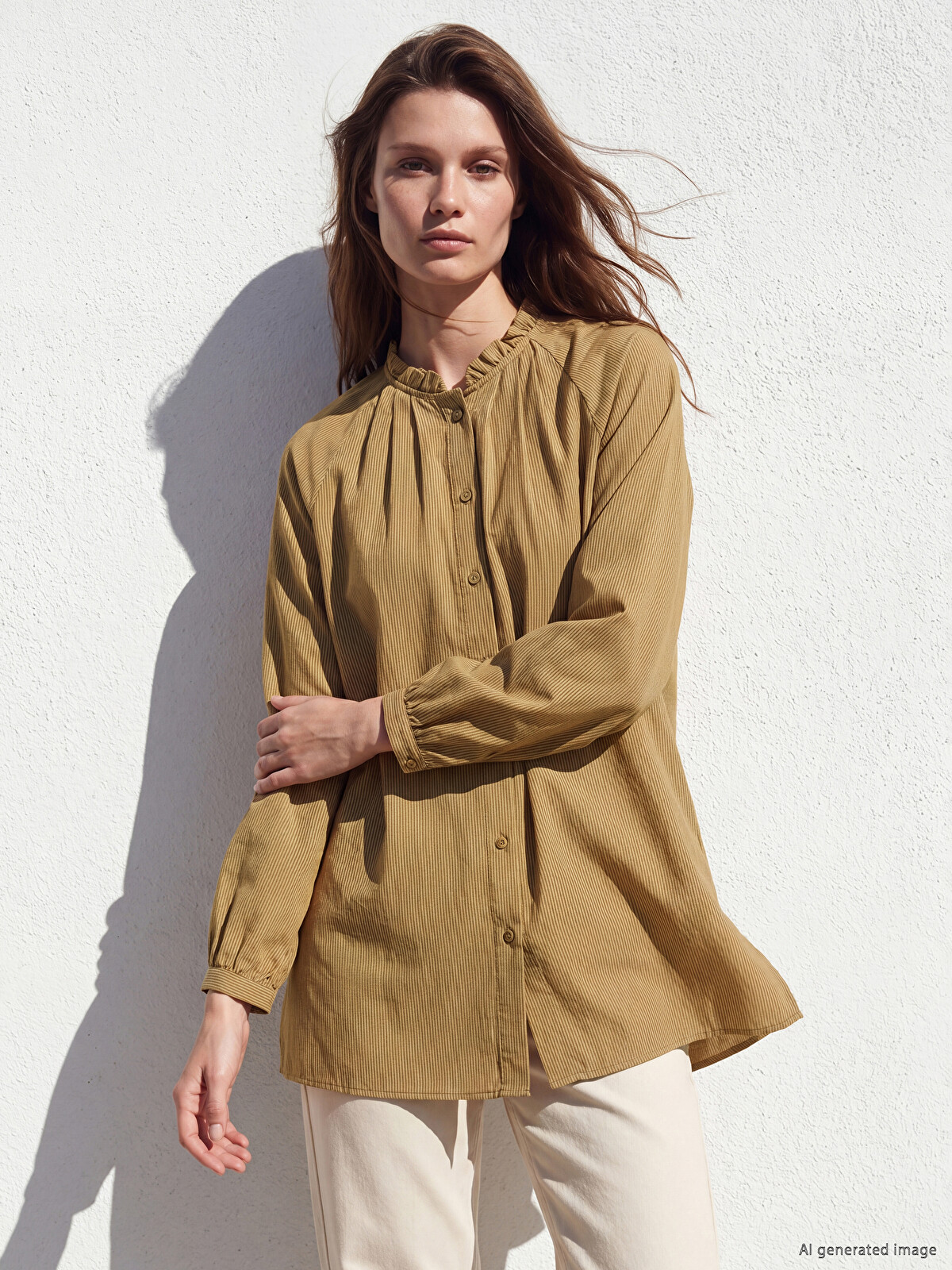 LCW Modest Yeşil Çizgili Oversize Kadın Gömlek Tunik - S6C799Z8