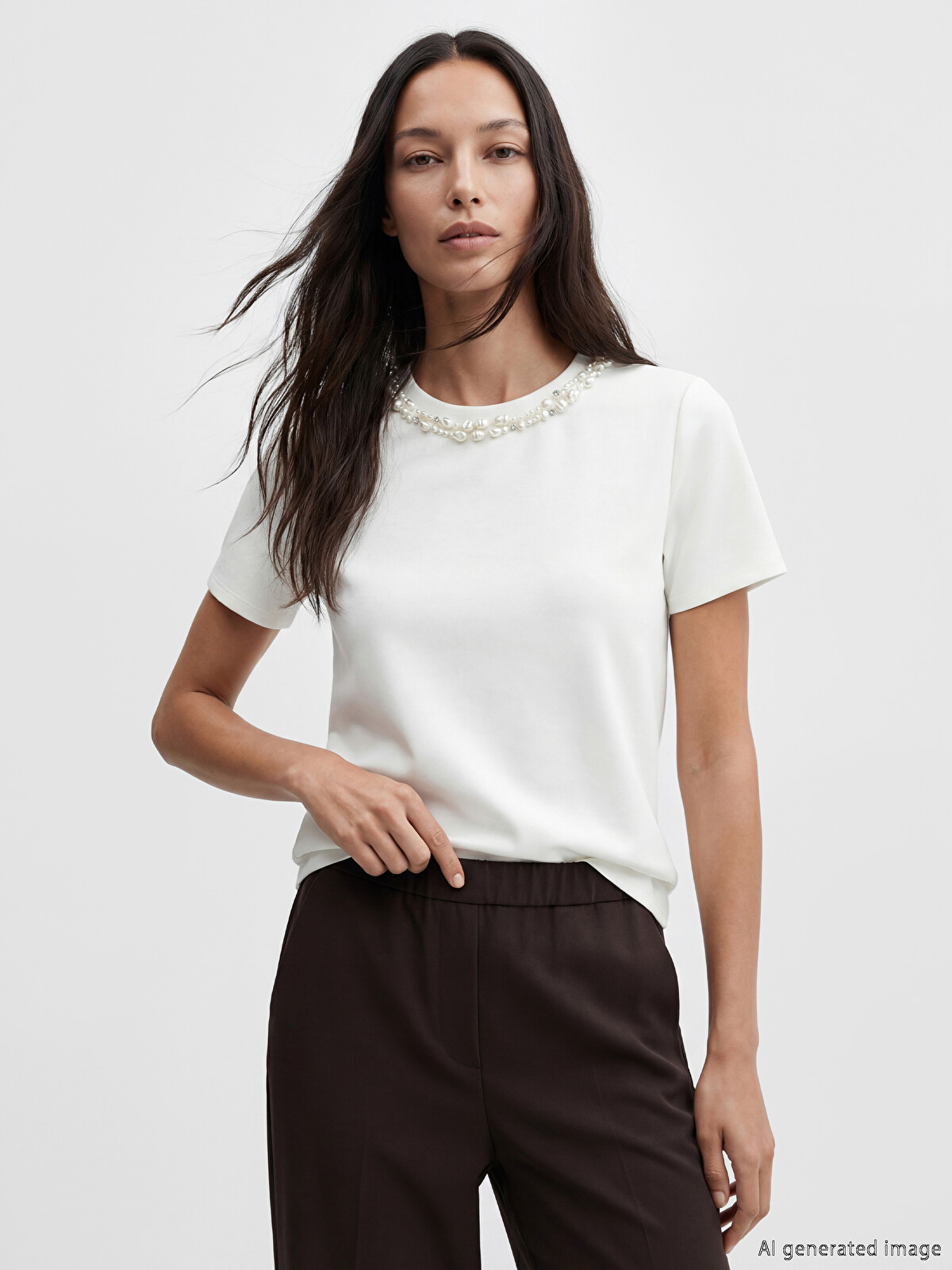 LCW EVERYDAY Bisiklet Yaka Taşlı Soft Touch Kadın Tişört