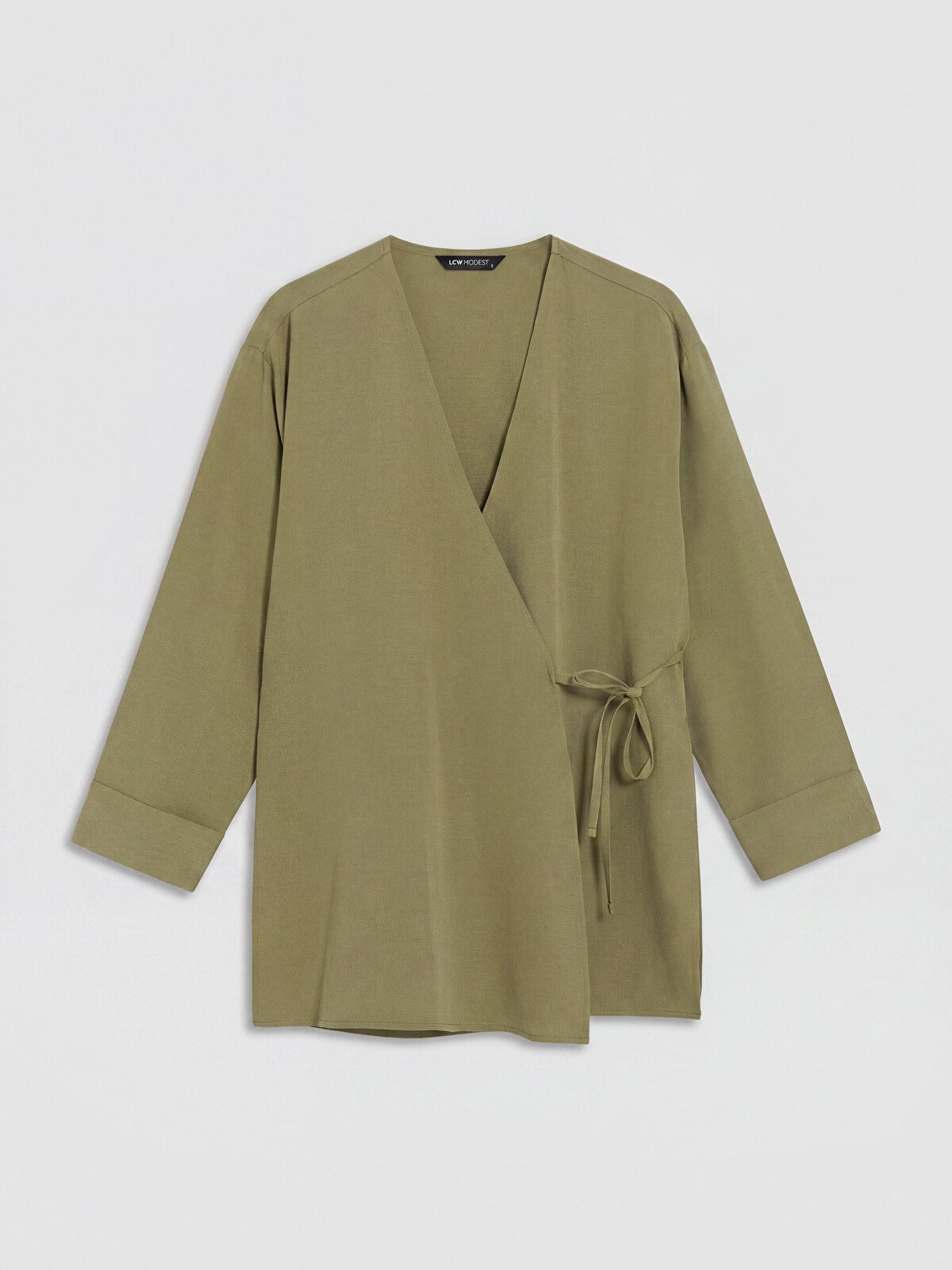 ソレイユ LCW Modest Yeşil Kruvaze Yaka Keten Karışımlı Kadın Kimono