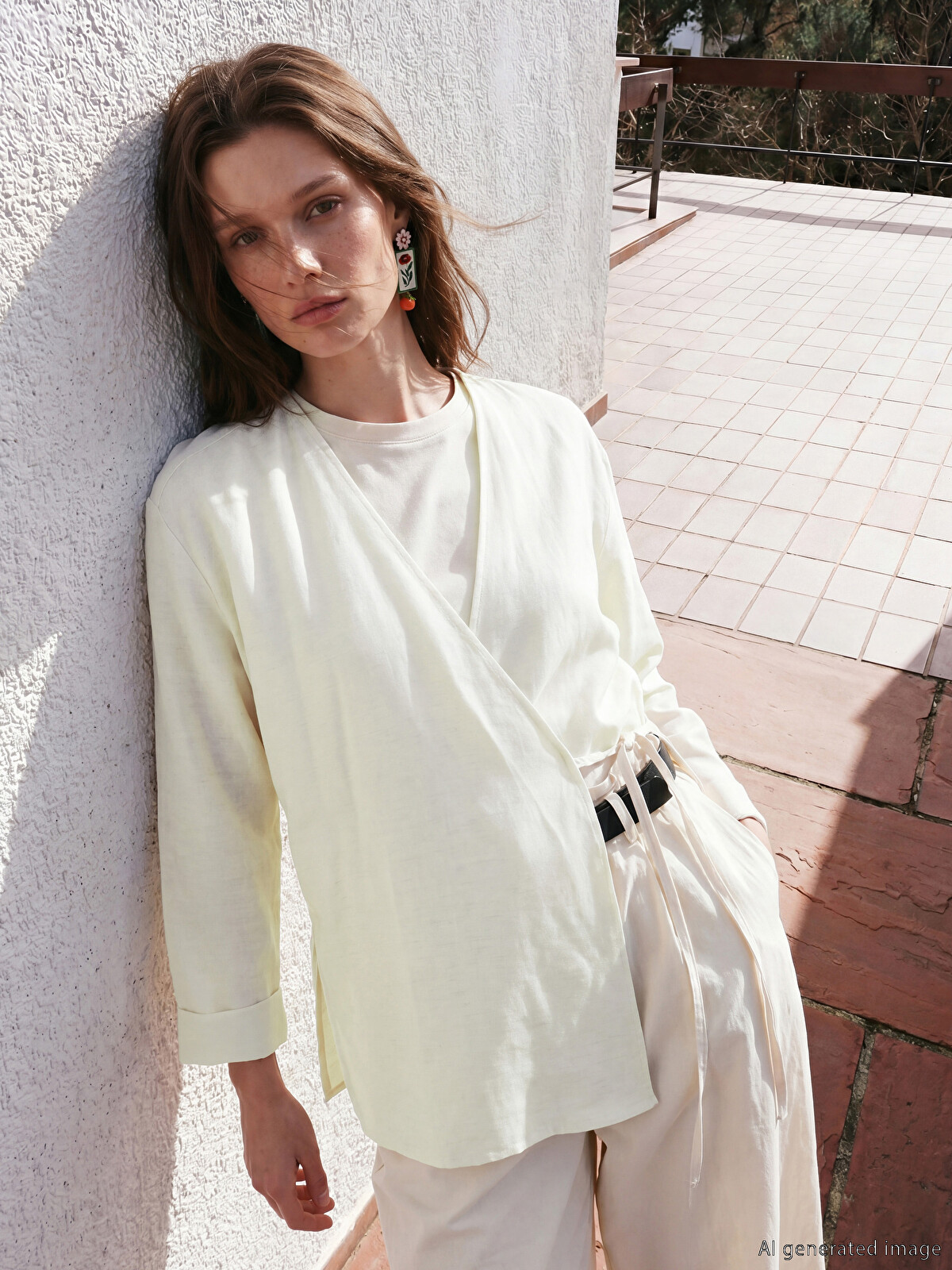 LCW Modest Double Breasted Collar Linen Blend Women's Kimono