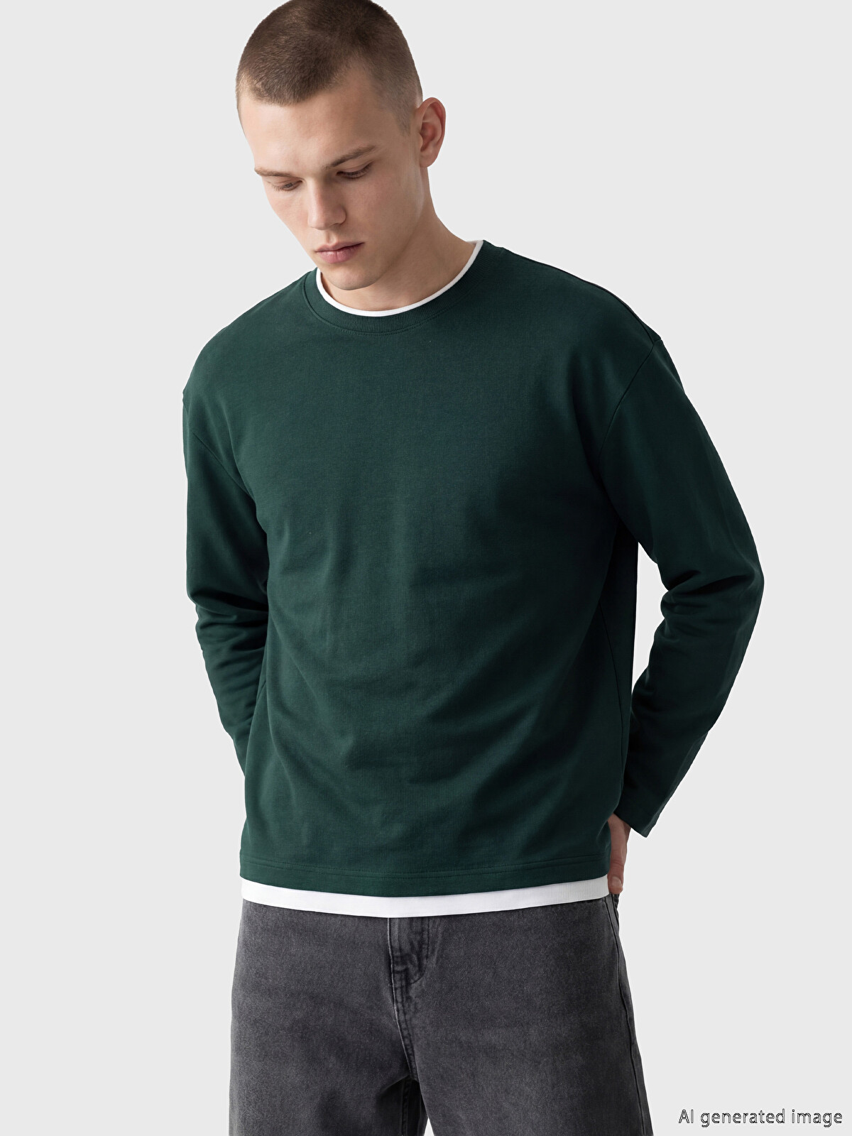 ちえS XSIDE Yeşil Bisiklet Yaka Katman Görünümlü Erkek Sweatshirt