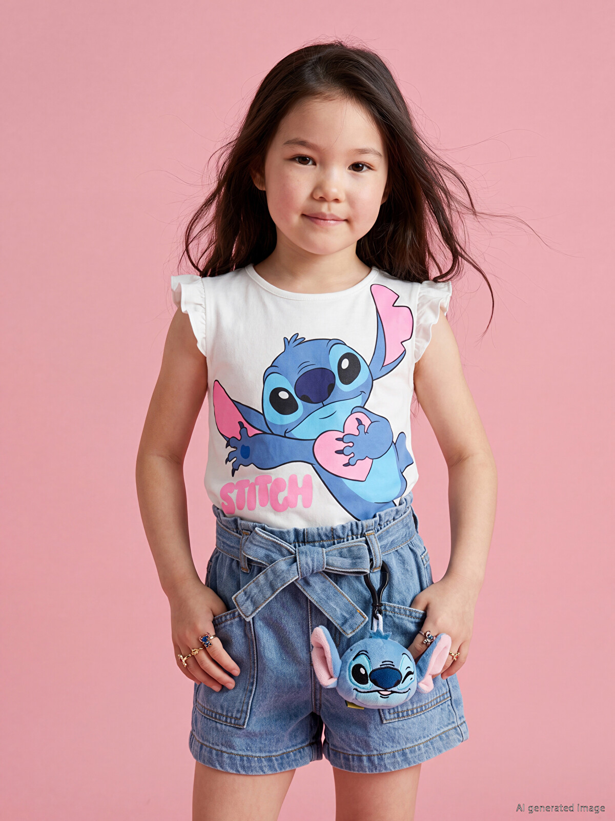 LCW Kids Beyaz Bisiklet Yaka Stitch Baskılı Kız Çocuk Atlet