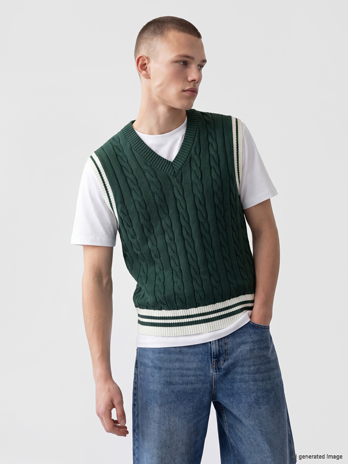 XSIDE V Neck Cable Knit Patterned Men's Knitwear Sweater Vest