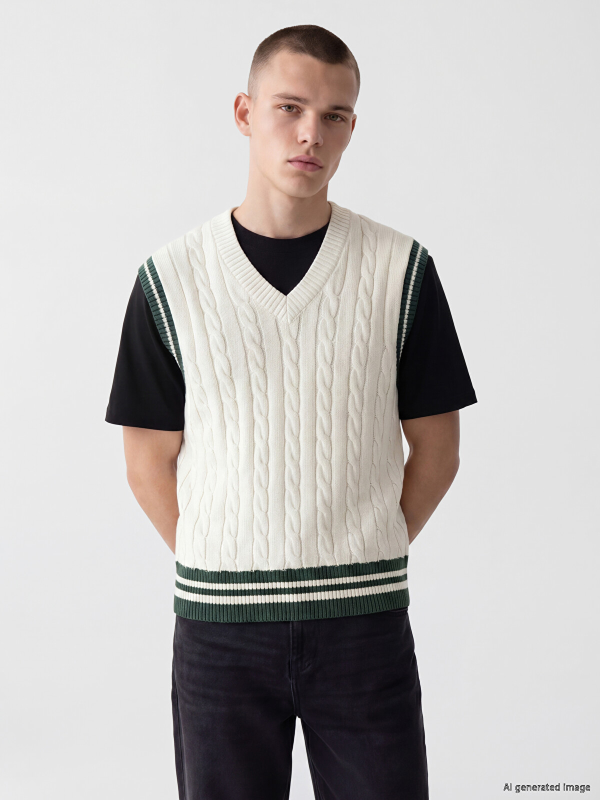 XSIDE V Neck Cable Knit Patterned Men's Knitwear Sweater Vest