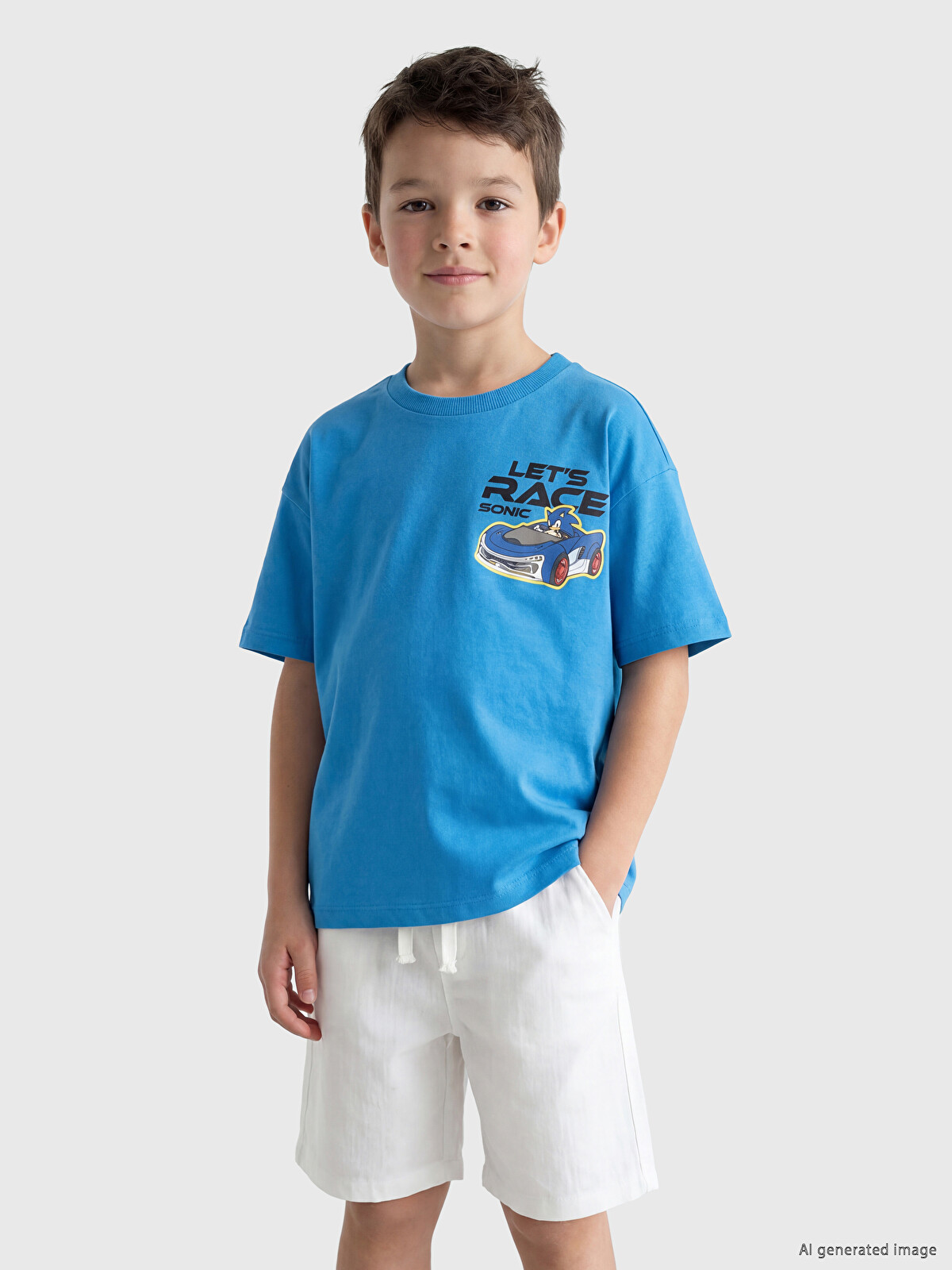 LCW Kids Mavi Penye Baskılı Standart & Regular Kısa Kollu Erkek