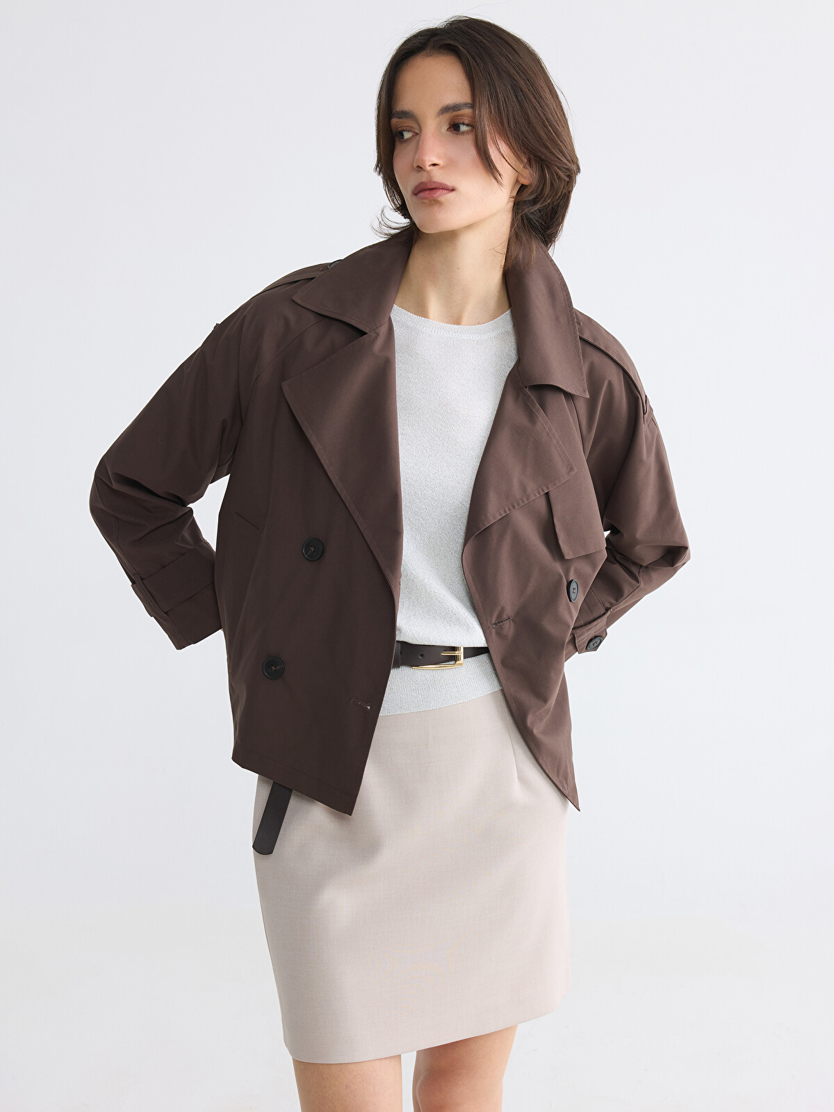 RUSYU LCWAIKIKI Classic Kahverengi Kruvaze Yaka Oversize Kadın Trençkot