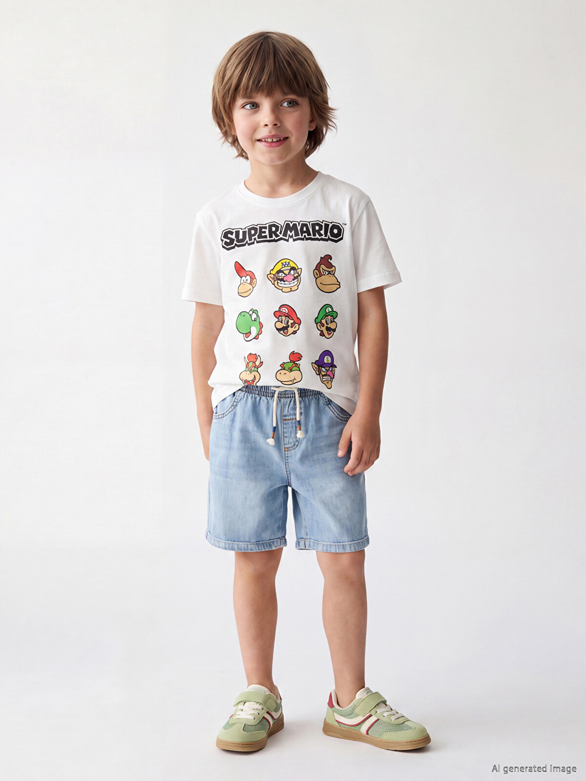 LCW Kids Beyaz Bisiklet Yaka Super Mario Baskılı Erkek Çocuk
