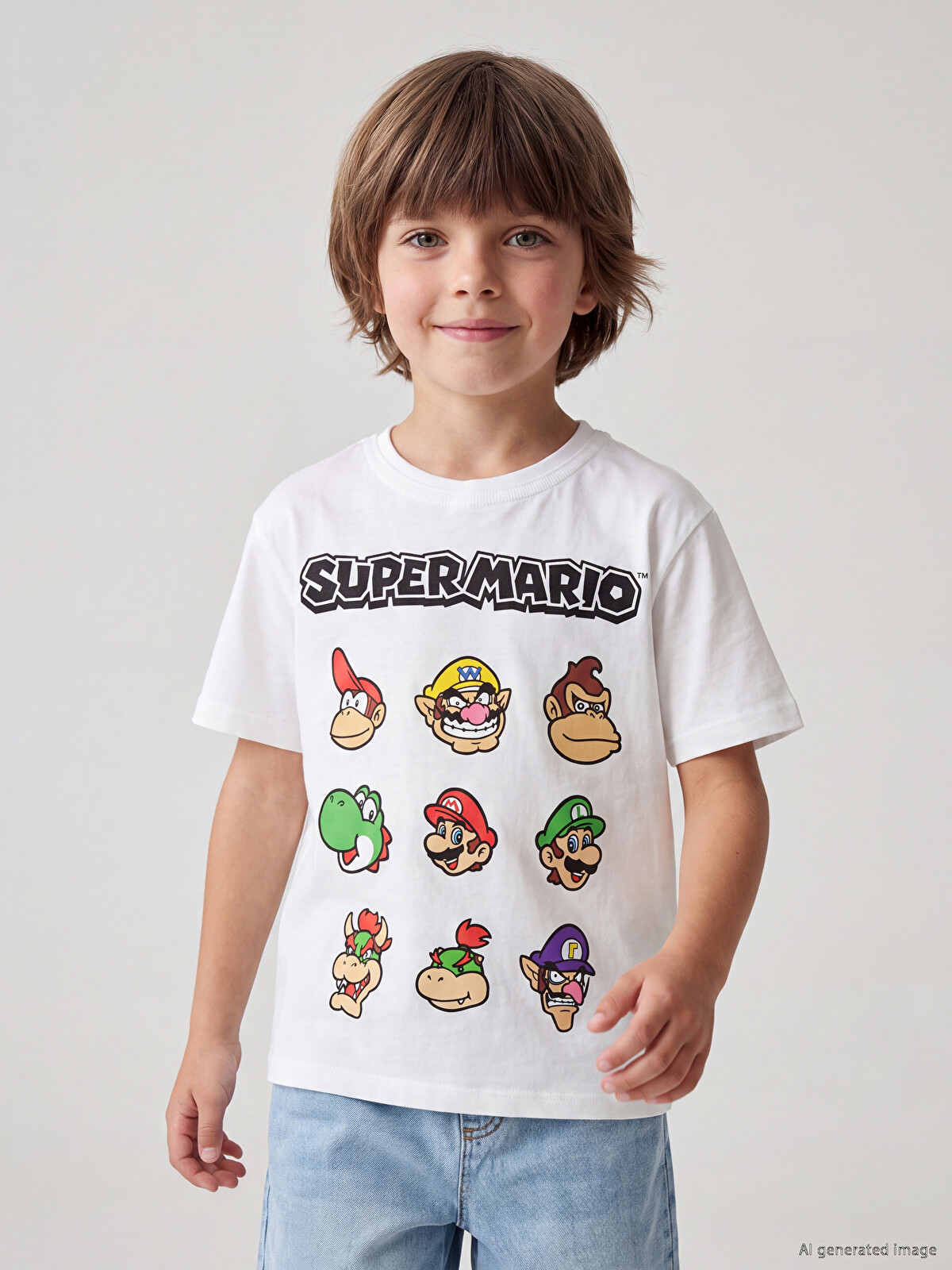 LCW Kids Beyaz Bisiklet Yaka Super Mario Baskılı Erkek Çocuk
