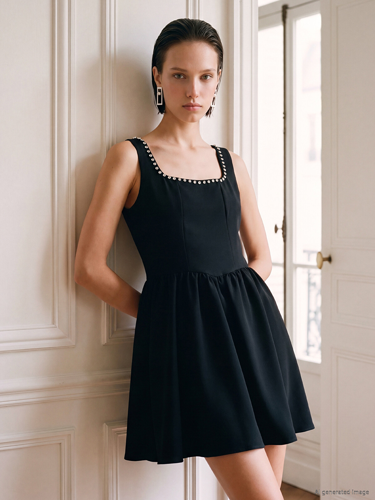 LCW Comfort Square Neck Rhinestone Embellished Mini Dress