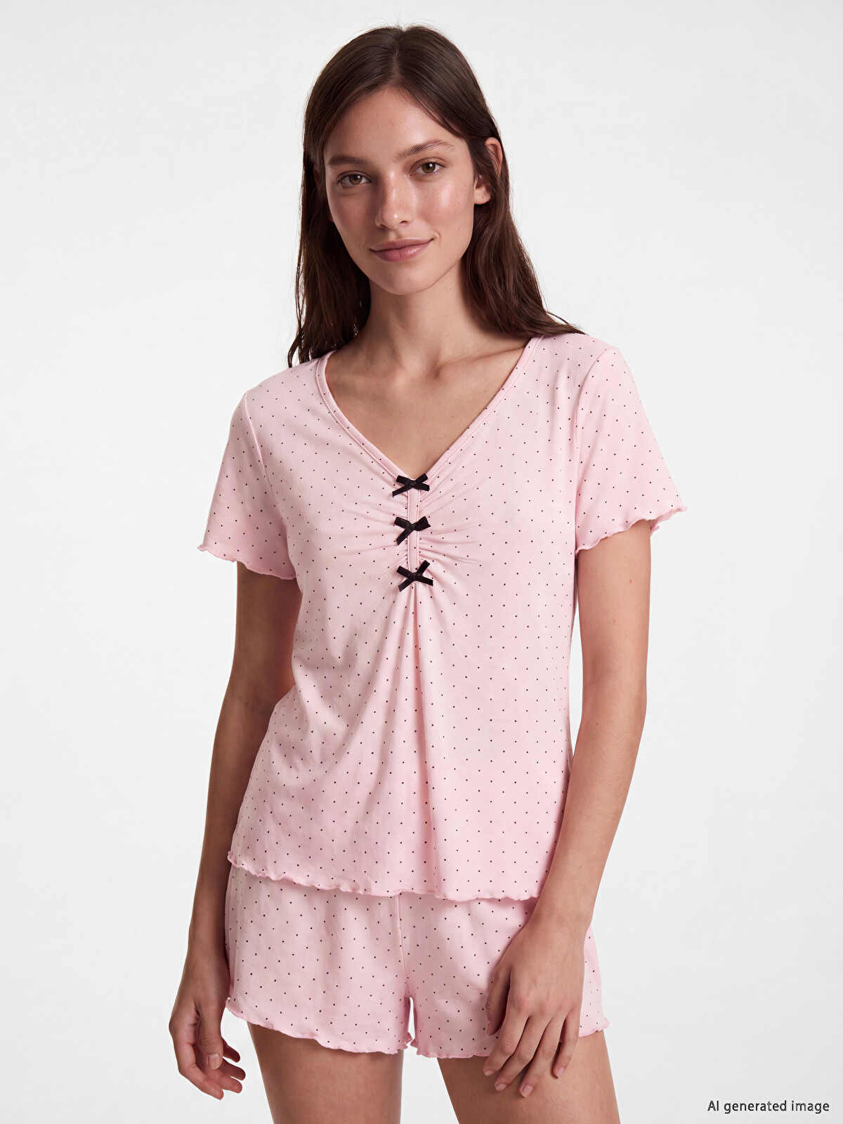 LCW DREAM Pembe V Yaka Puantiyeli Kadın Şortlu Pijama Takımı