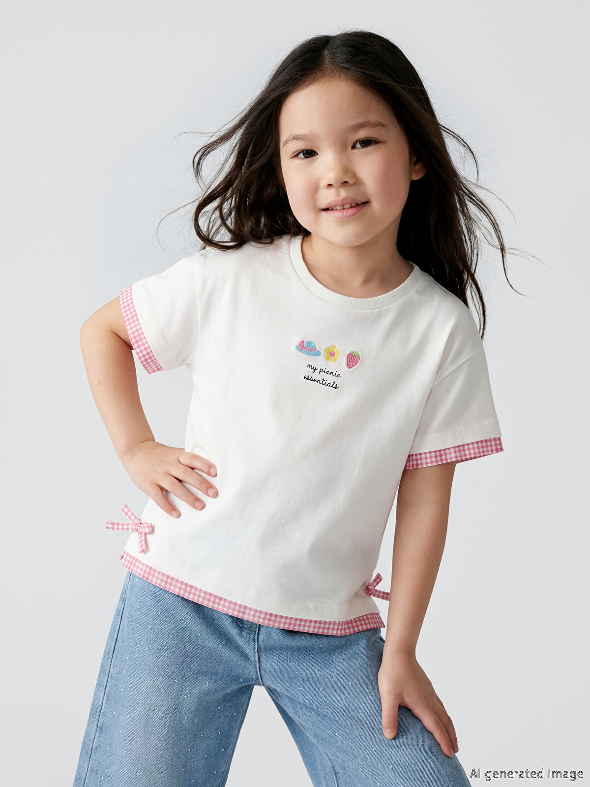 LCW Kids Crew Neck Embroidered Bow Detailed Girls' T-shirt