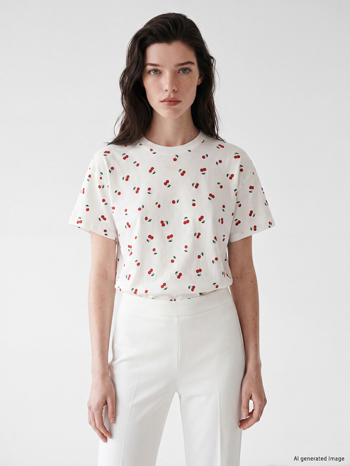 さらりん　EVERY DAY I LIKE. cotton LCW Comfort Kiraz Baskılı %100 Pamuklu Kadın Tişört - S6S586Z8-Q6K