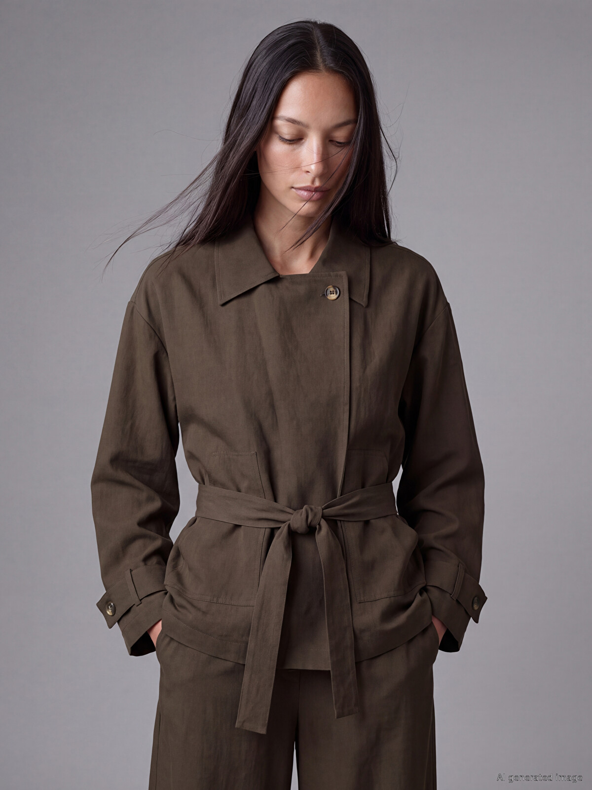 LCW STUDIO Haki Gabardin Düz Oversize Kadın Ceket - W6N649Z8-2TF | LCW