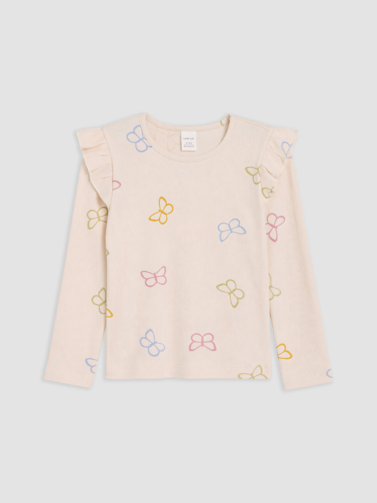 LCW Kids Ekru Bisiklet Yaka Fırfırlı Kız Çocuk Tişört - W6R072Z1