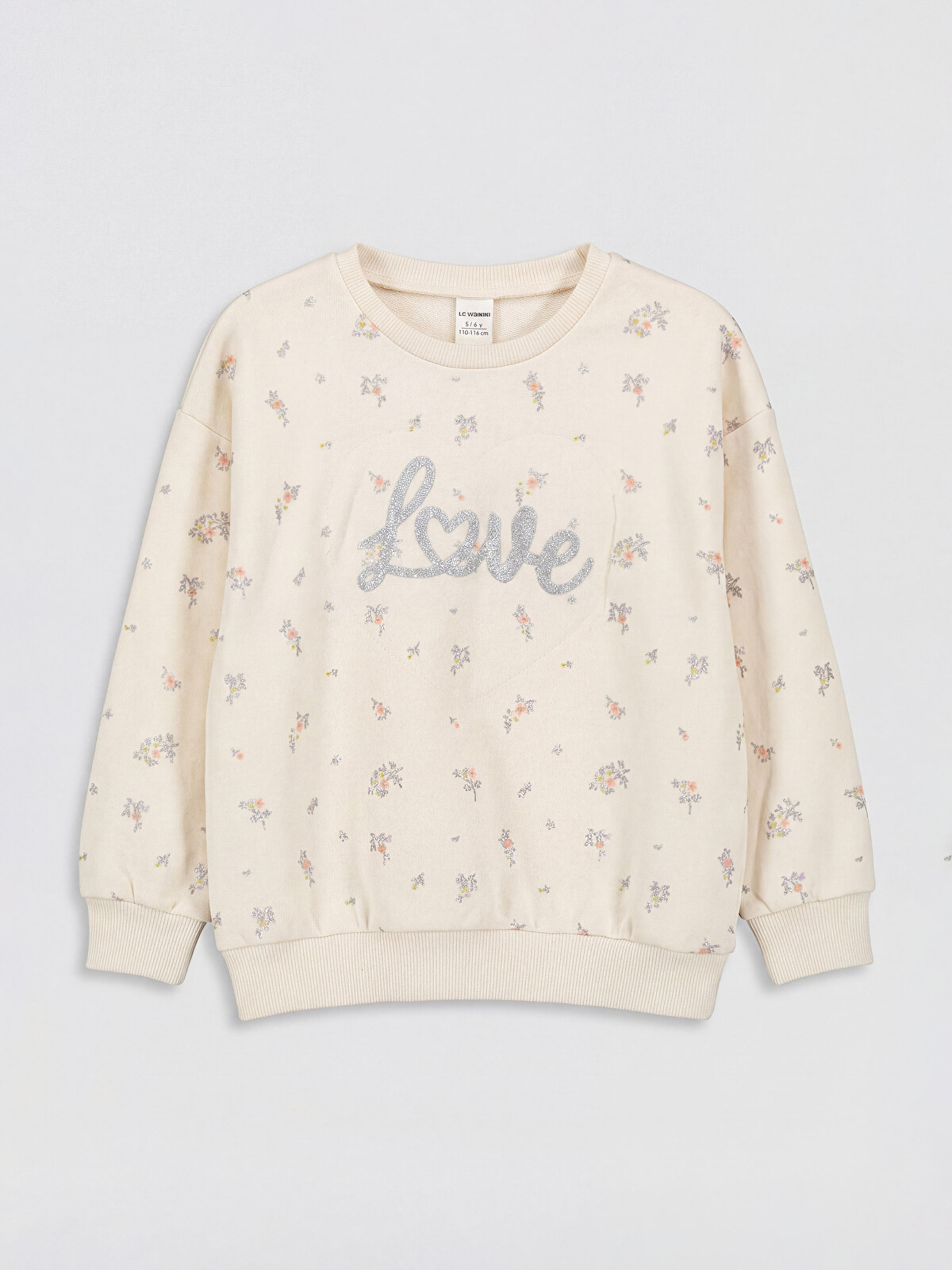 LCW Kids Ekru Bisiklet Yaka Çiçekli Kız Çocuk Sweatshirt