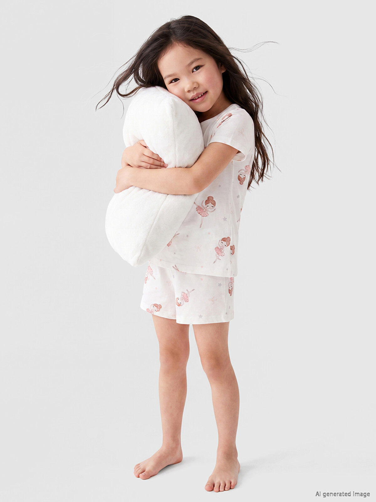 LCW Kids Ekru Bisiklet Yaka Kız Çocuk Şortlu Pijama Takımı