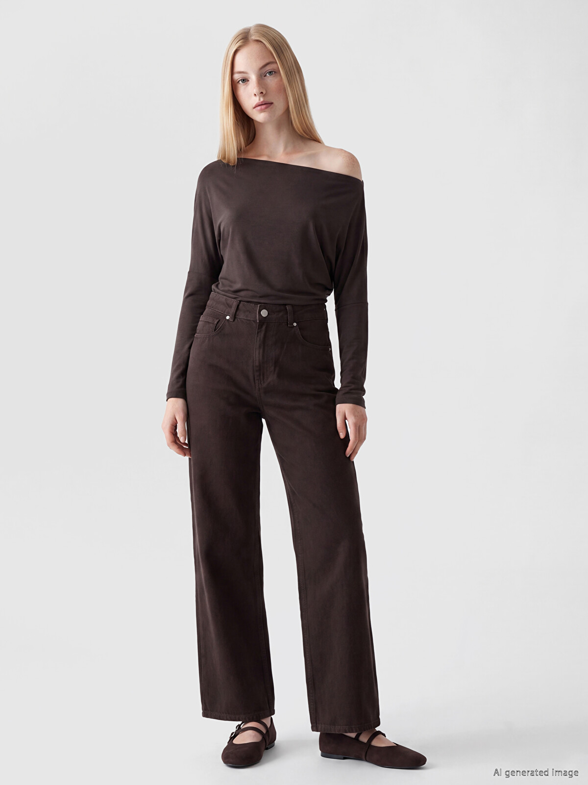 その他 GRW XSIDE Kahverengi Denim Düz Wideleg Yüksek Bel Geniş Paça Kadın
