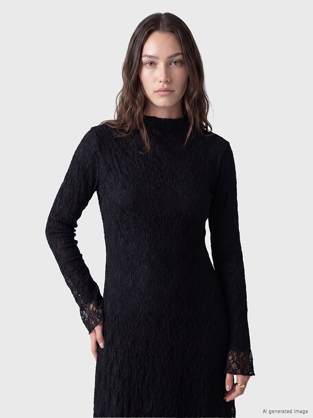 LCW Modest Mock Neck A Form Lace Dress - W6EG39Z8-CVL | LC Waikiki