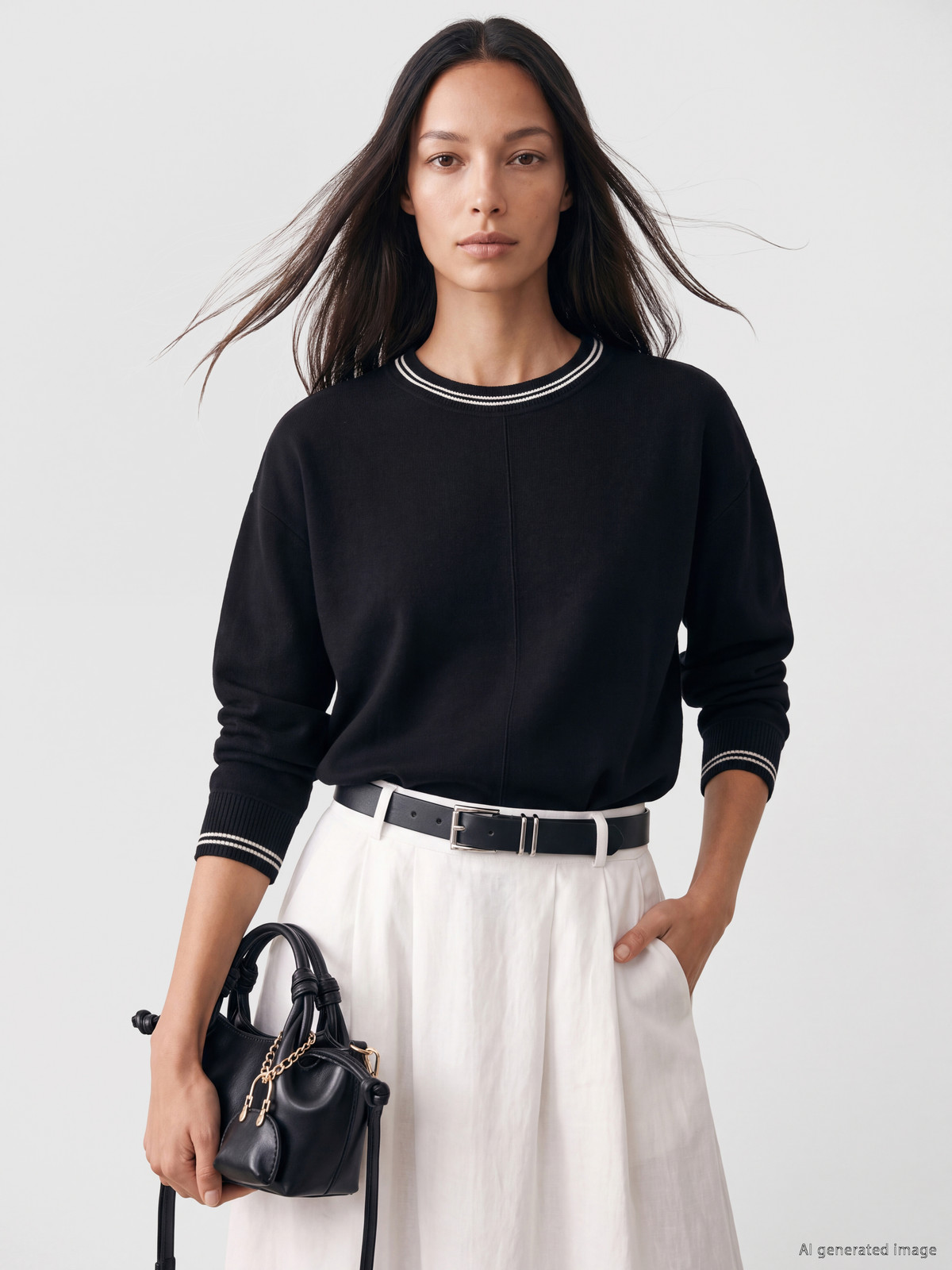 ちぃ LCW EVERYDAY Siyah Soft Touch Çizgili Kadın Sweatshirt - W6IE18Z8