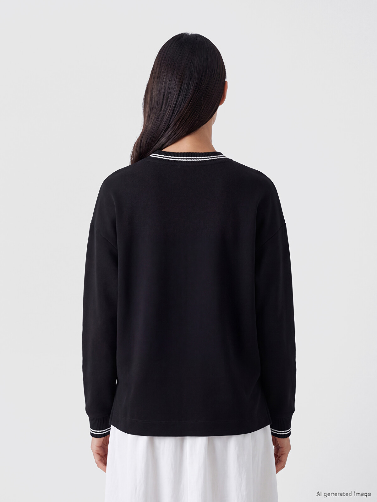 LCW EVERYDAY Siyah Soft Touch Çizgili Kadın Sweatshirt - W6IE18Z8
