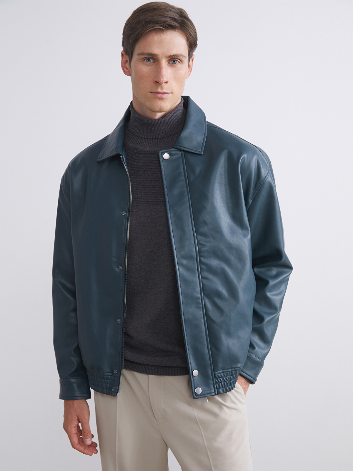 LCW Vision Shirt Collar Men's Faux Leather Jacket - W60048Z8-QDA