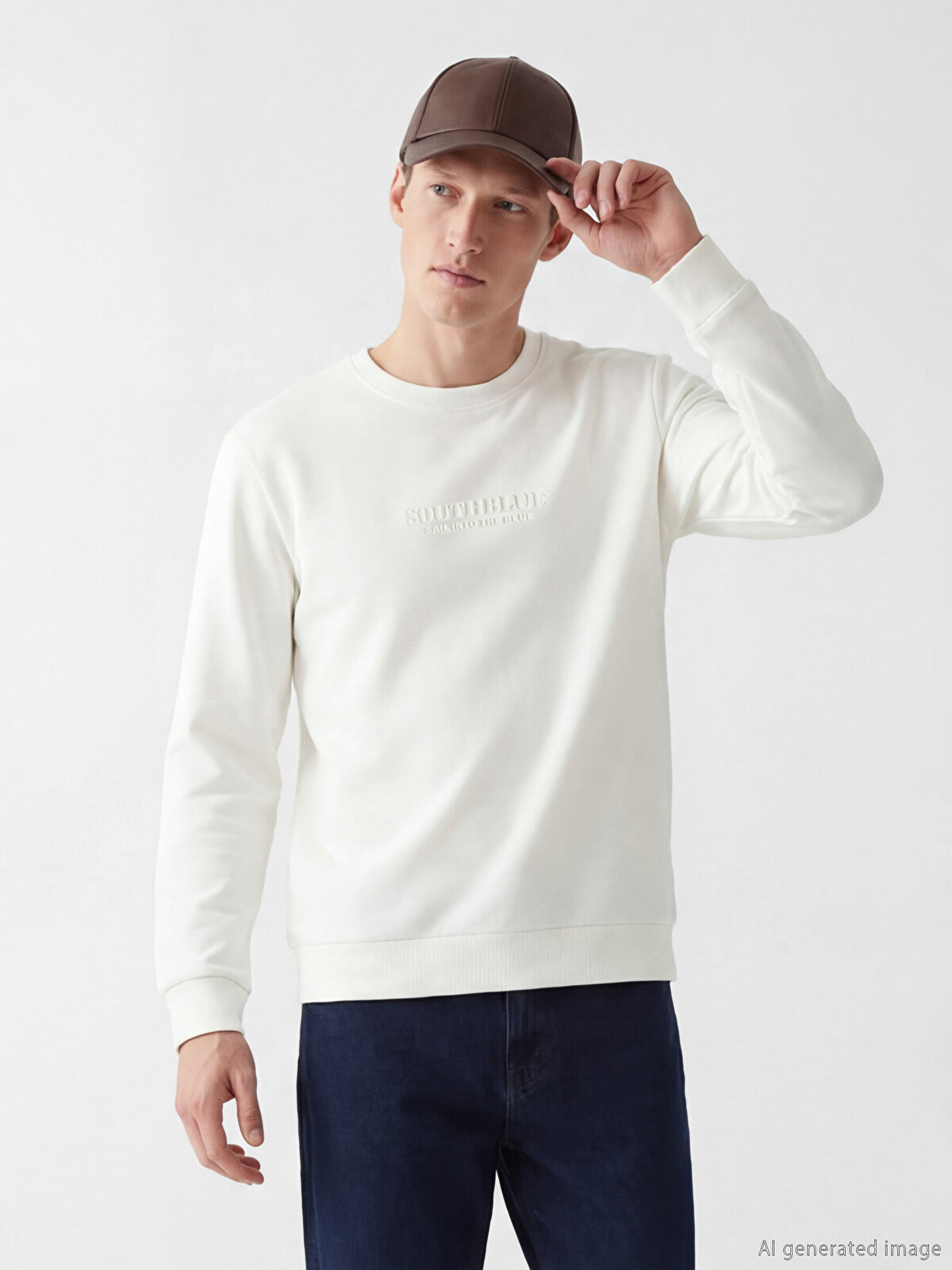 SOUTHBLUE Beyaz Bisiklet Yaka Baskılı Erkek Sweatshirt - W6BP00Z8